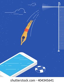 Man jumps into the smartphone conceptual illustration of social networking and content consuming. 