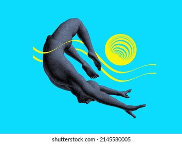 Man jumps into the water. Creative swimming design concepts. Symbol of water sports competition. Pixel art. 3D vector illustration for banner, flyer, poster, cover or brochure.