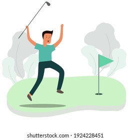 Man jumps for joy, successfully hitting a golf hole. Exercise. Outdoor hobby