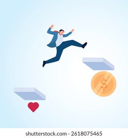 A man jumps from love to money. A metaphorical illustration of a profitable hobby, a money-making passion and a job you love.