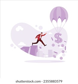 Un hombre salta de un acantilado para atrapar un cartel de un dólar volando en un globo aerostático. Trabajar incansablemente. Ilustración plana vectorial moderna de tendencia