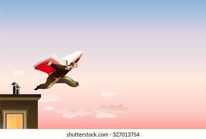 A man jumps off the roof using a book like wings