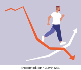 Man Jumps On Financial Arrows, Diagram Of Financial Market. Flat Vector Stock Illustration. Concept Of Financial Planning, Financial Literacy In Conditions Of Economic Uncertainty And Crisis