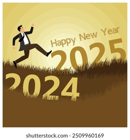 A man jumps on the grass. The year has changed from 2024 to 2025. Happy New Year 2025 concept. Flat vector illustration.