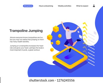 A man jumps up on a trampoline, surrounded by soft cubes. Vector flat illustration for web design