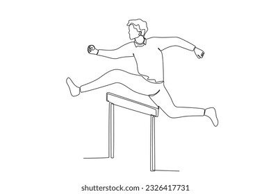 A man jumps over a barrier. Work obstacle one-line drawing