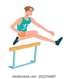 Man Jumps Over Barrier. Young Guy Shows Speed And Agility. Training And Preparation For Competition. Active Lifestyle And Sports, Athletics. Athlete And Sportsman. Cartoon Flat Vector Illustration