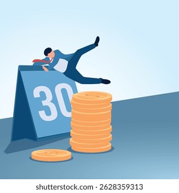 A man jumps over the calendar on the 30th and gets a coin. A metaphorical illustration for payday, work payment and the end of the month.