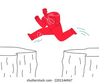 El hombre salta sobre el acantilado. Concepto de superación de obstáculos. Ilustración del vector aislada en fondo blanco
