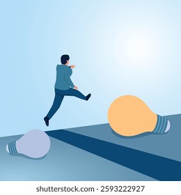 A man jumps over a cliff towards a new idea lamp. Illustration of transformation, innovation and change for the better.