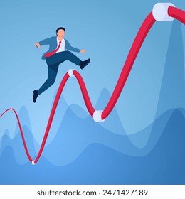 A man jumps over a graphic rope that goes up and down, an illustration of instability.