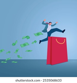 A man jumps over a large shopping bag and money scatters behind him. Illustration of overspending, big spending, too much shopping.