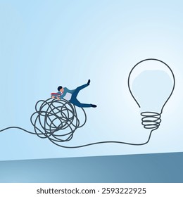 A man jumps over a tangled rope towards an idea lamp. An illustration of transformation, innovation and change for the better.