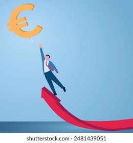 A man jumps from a rising graph trying to reach the euro symbol, an illustration of euro inflation.