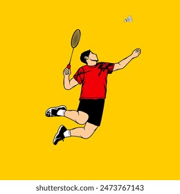 man jumps to smash badminton shuttlecock vector illustration