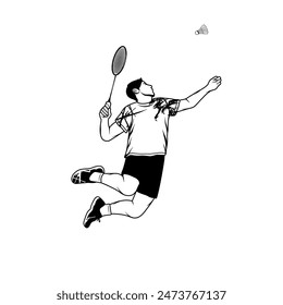 man jumps to smash black and white badminton shuttlecock vector illustration