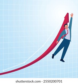 A man jumps trying to reach the top of a rapidly rising graph. Illustration of exponential growth, rapid growth and drastic development.