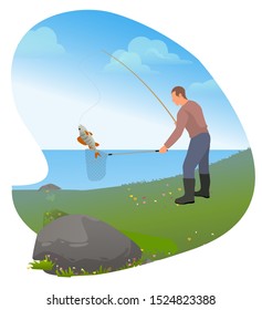 Man just caught fish called luce or pike. Person fishing on lake or river. Male do his favorite hobby on nature. Human standing in black boots and with rod. Vector illustration in flat style