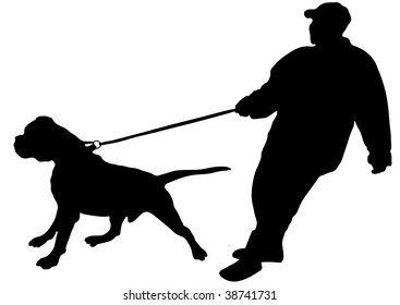 The man just keeps his large dog on a leash (vector)