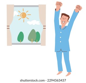 Man just waking up in the morning, doing stretching vector illustration