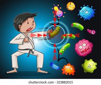 Man in karate clothes fighting bacteria illustration