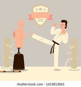 Hombre luchador karate, sala de entrenamiento de artes marciales, personaje de caricatura con uniforme tradicional gi, ilustración vectorial. Equipos para la práctica del karate, judo y kickboxing, entrenamiento de artes marciales