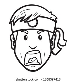 man with karate headband. scream, outline, comic, monochrome, attack.