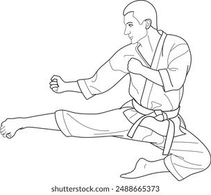 Man in Karate Pose, Fast kick fighting technique, Hand drawn in thin line style