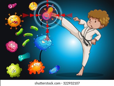 Man in karate uniform kicking bacteria illustration