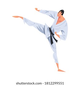 Man Karateka Doing Side Leg Kick, Male Karate Fighter Character in White Kimono Practicing Traditional Japan Martial Art Cartoon Style Vector Illustration