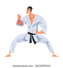 Man Karateka Standing in Fighting Stance, Male Karate Fighter Character in White Kimono Practicing Traditional Japan Martial Art Cartoon Style Vector Illustration