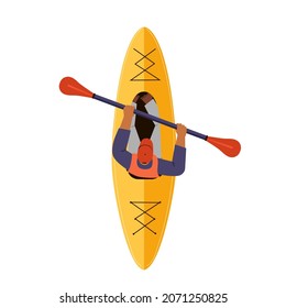 Man in a kayak, doing sport, outdoor activitiy in summertime. Vector illustration, top view.