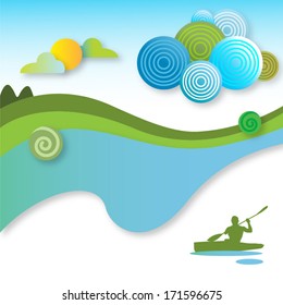 man in kayak on pastoral nature background