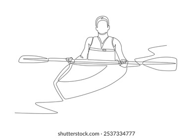 Man with kayak on river. Kayak concept one-line drawing