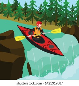 Man kayak rafting concept background. Flat illustration of man kayak rafting vector concept background for web design