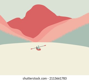 A man in a kayak swims towards the red rocks. Vector illustration in pink and red colors. Mountain landscape with the sea.