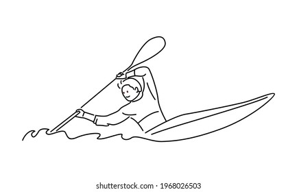 Man kayaker character kayaking, riding and paddling boat canoe in sea waves vector illustration