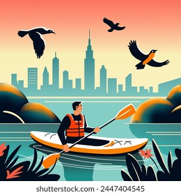 Man kayaking against city skyline at sunset, vector illustration in flat design, capturing the essence of urban adventure.