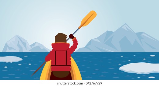 Man Kayaking, Arctic Background, Winter, Nature Travel and Adventure