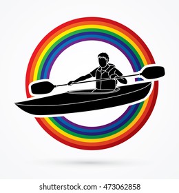 A man kayaking designed on line rainbows background graphic vector.