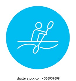 Man kayaking line icon for web, mobile and infographics. Vector white icon on the light blue circle isolated on white background.