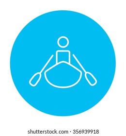 Man kayaking line icon for web, mobile and infographics. Vector white icon on the light blue circle isolated on white background.