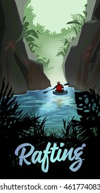 Man Kayaking On Mountain River. Vector Poster