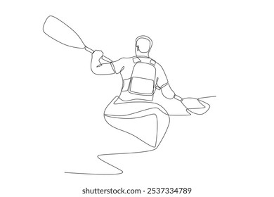 Man kayaking on the river. Kayak concept one-line drawing