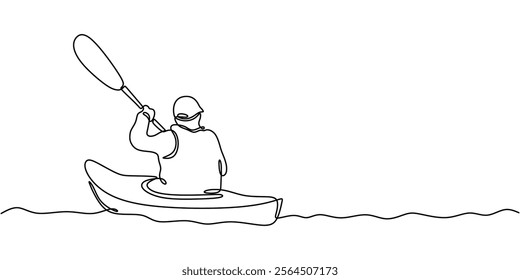 Man kayaking, symbolizing adventure, water sports, and fitness. One line drawing depicting the action and energy of kayaking. Vector illustration hand drawn.