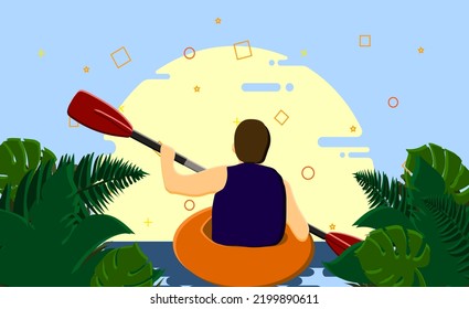 Man kayaking in the twilight in color