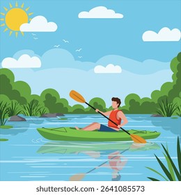 Man kayaking in the water, sitting on green kayak with paddle, summer recreation activity, flat illustration