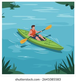 Man kayaking in the water, sitting on green kayak with paddle, summer recreation activity, flat illustration
