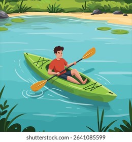 Man kayaking in the water, sitting on green kayak with paddle, summer recreation activity, flat illustration