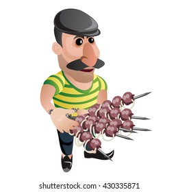 The man with the kebabs. Vector illustration.